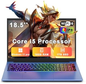 Gaming Laptop 18.5’’ Laptop Computer 2025, Core i5 Lap Top PC (Up to 3.80GHz) 16GB RAM 1TB SSD, 1TB TF Expand, WiFi 6, 10000 mAh Battery, 1080 FHD IPS 100% sRGB Display, Privacy Cam, Win 11 Pro