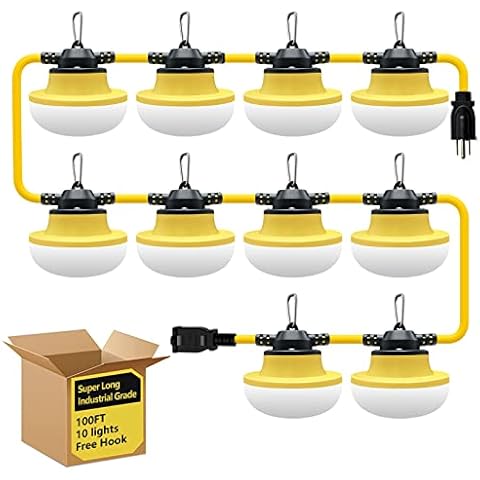Muasdae New 100FT Construction String Lights LED Industrial Grade Best for Construction Sites,Renovation, Walkways,Patio,Mine cave,Outdoor Lighting Solutions Use,Free for Climbing Hook 3Prong Cover
