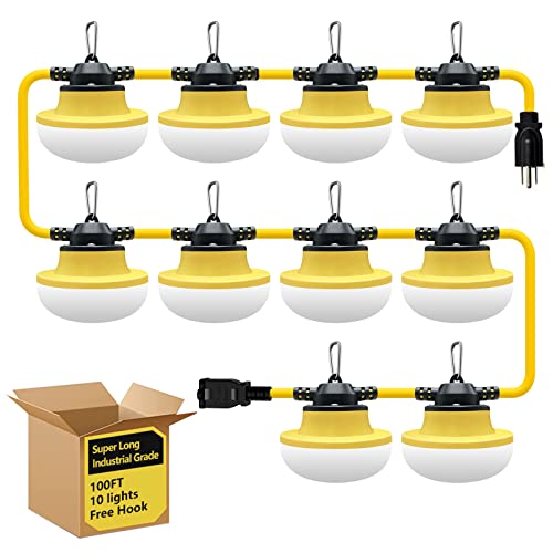 Muasdae New 100FT Construction String Lights LED Industrial Grade Best for Construction Sites,Renovation, Walkways,Patio,Mine cave,Outdoor Lighting Solutions Use,Free for Climbing Hook 3Prong