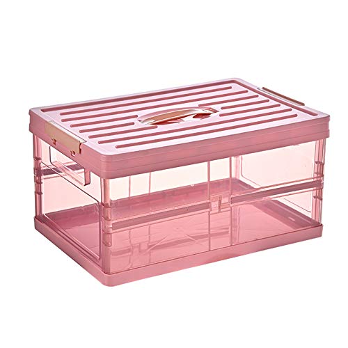 WWahuayuan Foldable Storage Bin With Lid, Collapsible Plastic Storage Box, Stackable Clear Storage Case with Handle for Home/Office/Car/Kitchen (Pink)