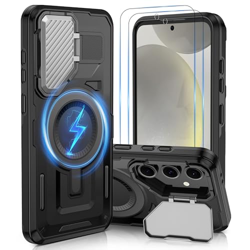 ATUMP Magnetic for Samsung Galaxy S24 FE Case with Camera Cover Stand[2 Pack HD Screen Protector], Military Grade Protective Cover for Galaxy S24 FE, Black
