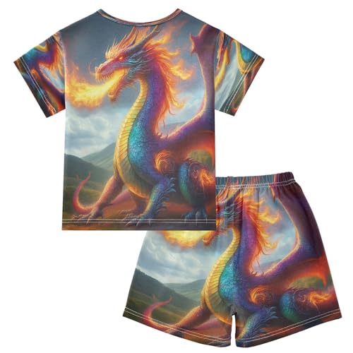 Pajama Sets Short Sleeve Dragon Breathes Fire Artwork Soft Cotton Summer Sleepwear 2 Piece PJS Size 5-14T2