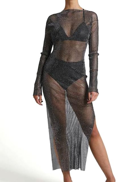 Edary Mesh Sparkly Dress Black Rhinestone Dresses Bikini Sexy Glitter Sheer Cover Up Long Dresses for Women2