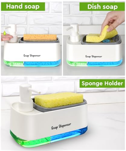 Image of 5-in-1 Kitchen Soap Dispenser Set with Sponge Holder - Dual Hand & Dish Soap Pump Dispenser for Sink Countertop with 2-Packs Natural Loofah Dish Sponge Dishwashing Scrubber,White