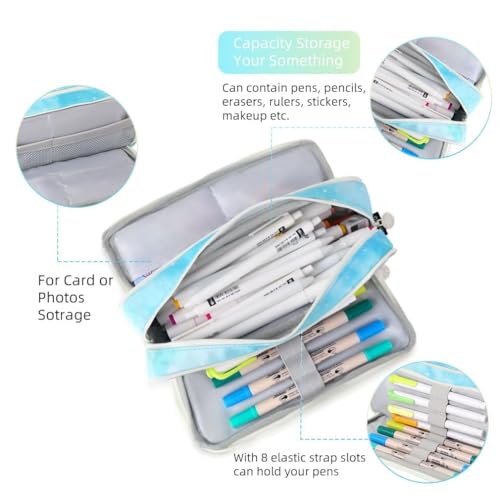 Image of Canvas School Bag Pencil Case, 3 Layer 6 Compartment Large Capacity, Aesthetic Pencil Pouch for Stationary, Cute Stationery for Kids, Pencil Case for Girls & Boys (Rainbow Sky Blue)