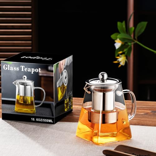 Image of PARACITY Glass Teapot Stovetop 32OZ, Borosilicate Clear Tea Kettle with Removable 18 /8 Stainless Steel Infuser, Teapot Blooming and Loose Leaf Tea Maker Tea Brewer (square, 550ML)