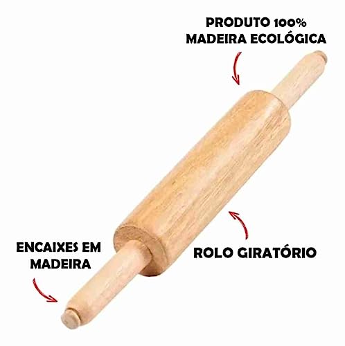 KIT Rolo de abrir Massa Com Cabo Giratório de Madeira Para Pizza Pastel e Espátula Prática Para Conf