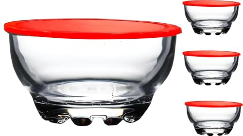 BOHEM'S Clear Glass Bowls Set for Kitchen, Small Serving Bowls for Dessert, Snack, Cereal, Fruit, Nuts, Ice Cream, Dipping Prep Bowls, 9.5 oz, Set of 4 (Clear with Lids)