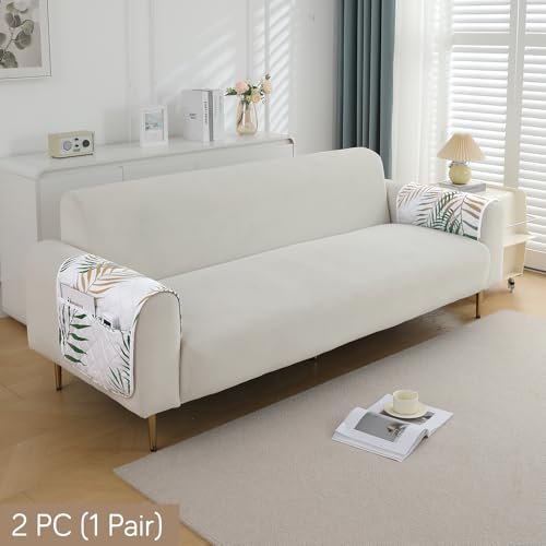 Image of HOKIPO Polyester Printed Waterproof + Anti-Slip + Quick Dry Sofa Armrest Cover with Pockets (2Pcs), Palm Leaves Forest Green (AR-5237-P3-L*2)