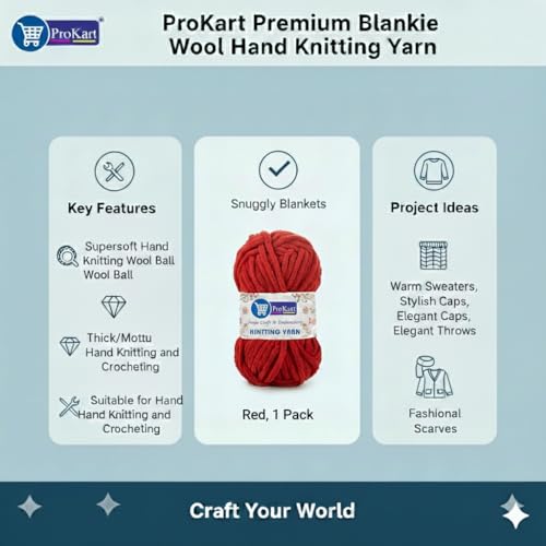 Image of ProKart Premium Blankie Wool, Plush & Cuddly, Chenille Yarn Supersoft Hand Knitting Wool Ball | Blanket Thick /Mottu Yarn Ball Suitable for Hand Knitting and Crocheting for Baby, Adult, Sweaters, caps, Throws, Home Furnishing, Scarves, Blankets (Red, 100gms x 2 Pack)