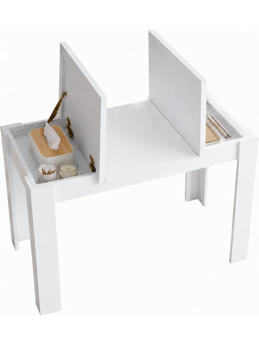 Tavolo da Pranzo Bianco Rettangolare Cucina Sala 120×70×75cm | Due piani laterali sollevabili nascondono vani per stoviglie e accessori, mentre la parte centrale fissa resta disponibile