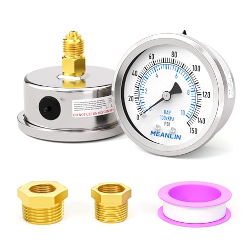 MEANLIN MEASURE 0~10BAR/150PSI Trockenes Manometer Edelstahl 1/4BSP 2FACE DIAL Wasserdicht für Brunnen Pumpe Wasser Reifen Wasserdruck Tester Back Mount, mit 1/2BSP und 3/8BSP Hex Bushing