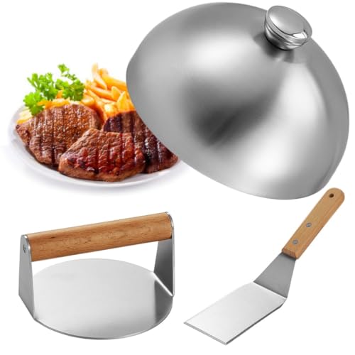 Kit de plancha de acero inoxidable, incluye cubierta de carne, prensa de carne, espátula, cúpula de fusión y volteador para parrillas planas