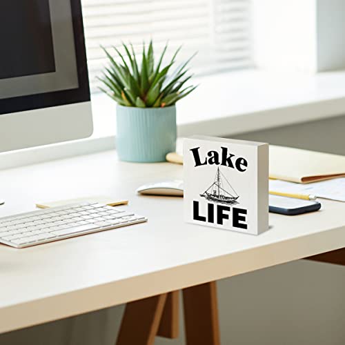 Country Lake Wood Box Sign Rustic Lake Boat Wooden Box Sign Decorative Sign Block Plaque For Home Cabin Desk Table Shelf Decor 5"X 5" #TOP5