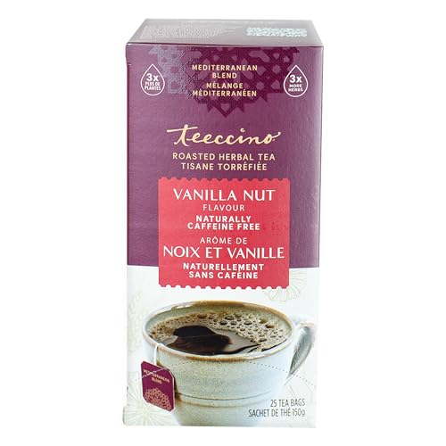 Teeccino Vanilla Nut Herbal Tea - Rich & Roasted Herbal Tea That’s Caffeine Free & Prebiotic for Natural Energy, 25 Tea Bags