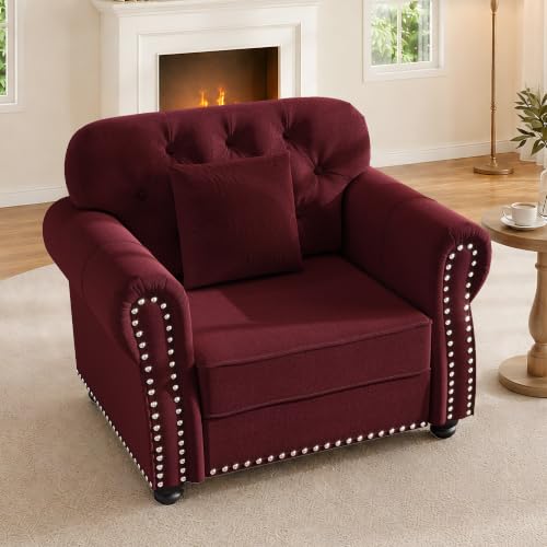 SmartEdge 41.3" Velvet Chesterfield Accent Chair, Deep Seat Button Tufted Armchair with Rolled Arms & Nailhead Trim & Solid Wood Legs, Upholstered Living Room Chair, Burgundy