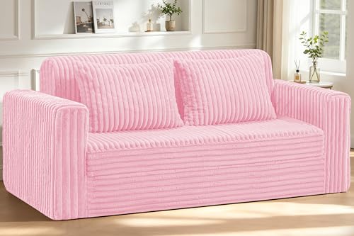 Image of HABUTWAY 78 inch Loveseat Boneless Couch, 4-in-1 Convertible Sofa Bed, Plush Fur Folding Futon Sofa Bed Couches with 2 Pillows for Living Room, High-Density Foam Support, No Assembly Required, Pink