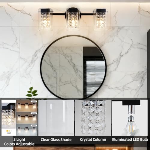 Image of 3 Lights Crystal Bathroom Light Matte Black Wall Light,E12 Bulb excluded | Wall Mount Bathroom Light Fixture Over Mirror Crystal Glass Shade Indoor Vanity Light for Bathroom,Living Room or Bedrooms