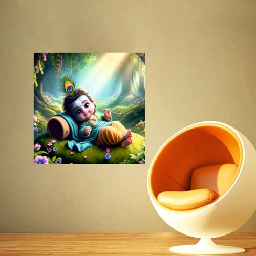 Image of Techgifti Baby Krishna Sleeping Jungal Feather Wall Poster for Pooja Room, Office, Kids Room (Size- 46CM X 46CM)
