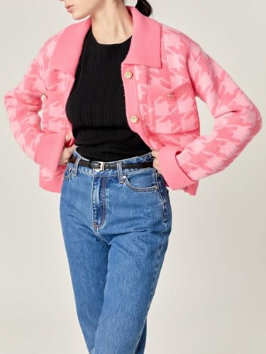 HOULENGS Women's Casual Plaid Cropped Cardigan Sweater Long Sleeve Button Down Lapel Knit Sweater Coats with Pockets3