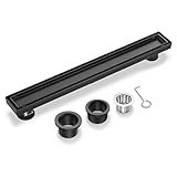 EXF Offset Linear Shower Drain 24 Inch Matte Black with Reversible Flat & Tile Insert Cover, Stainless Steel Rectangle Shower Floor Drain with Hair Catcher, Adjustable Feet