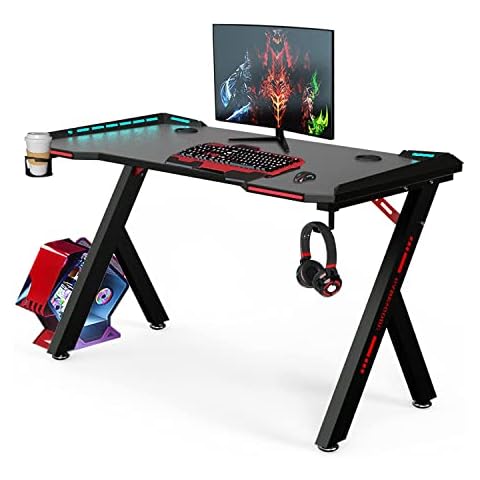 bigzzia Gaming Desk RGB Lighting Home Office Desk Ergonomic Gamer Workstation, Carbon Fibre Surface, Cup Holder and Headphone Hook, 120 * 60 * 72cm Cover