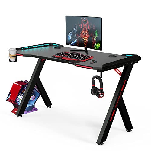 bigzzia Gaming Desk RGB Lighting Home Office Desk Ergonomic Gamer Workstation, Carbon Fibre Surface, Cup Holder and Headphone Hook, 120 * 60 * 72cm