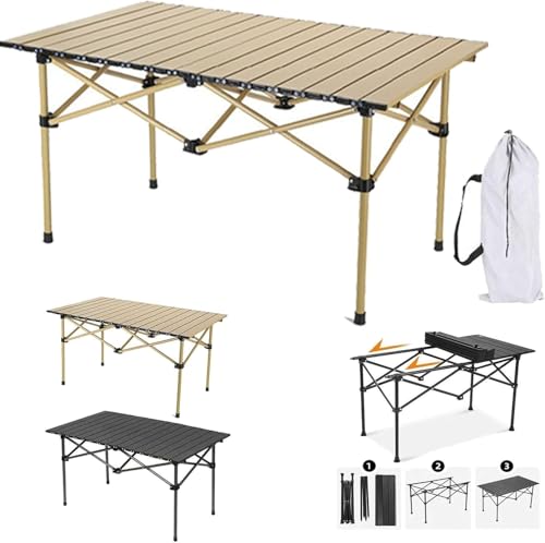 WOMGKDA Mesa Plegable de Camping, Portátil para Picnic, Diseño de Cruces Estables y Firmes, Acero al Carbono Totalmente Rolado, Capacidad 4-6 Personas, para Exteriores, Caqui