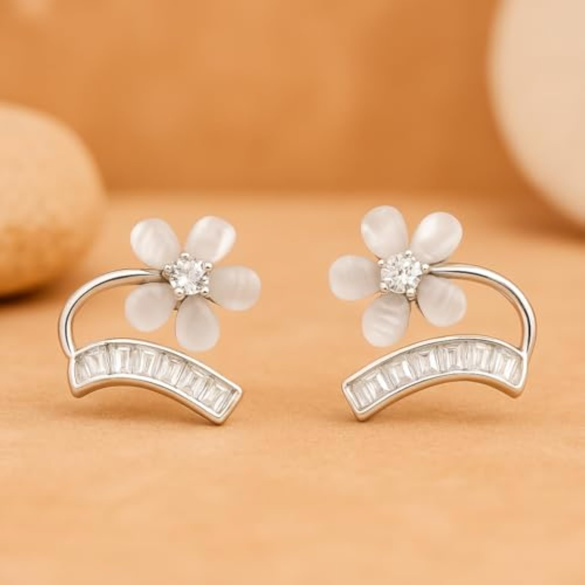 Women's Mother of Pearl Floral Curve Stud Earrings