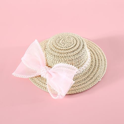 Handcrafted Pet Straw Hat with Adjustable Chin Strap Funny Cap with Large Bows Party Decorations for Birthday for Small Pets/Puppy/Cat Costume Party Photo Prop (Small, Pink)