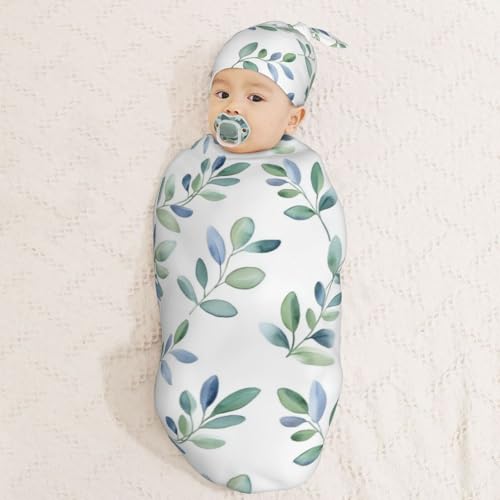 Image of Watercolor Sage Green Blue Leaf Swaddle Blanket with Beanie Hat Set Newborn Swaddle Wrap Soft Baby Receiving Blankets Baby Swaddle Blanket for Baby Boys and Girls