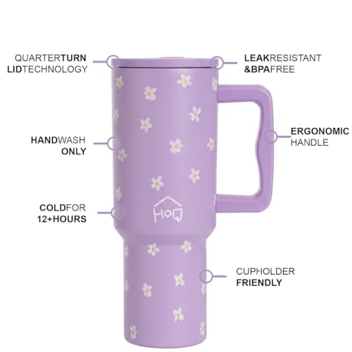 Image of House of Quirk 1200ML Stainless Steel Tumbler with Handle & Lid, 2 Straws - Large Travel Mug Water Cup for Gym, Office & Outdoor Use (Lavender Daisy)