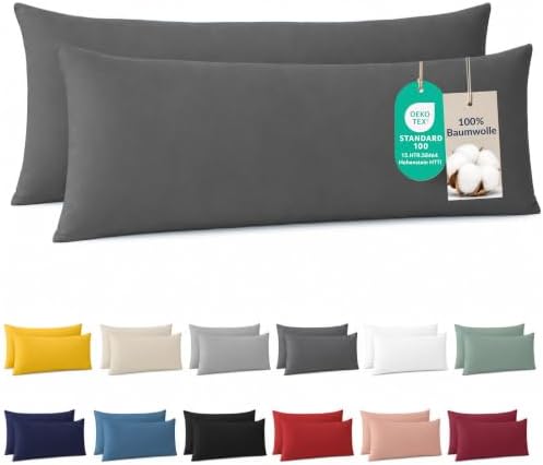 Dreamzie - Seitenschläferkissen Bezug 40 x 145cm - Baumwolle - Anthrazit | Oeko-Tex zertifiziert · mit Reißverschluss · Kopfkissenbezug & Kissenhülle · Jersey · 150 g/m² · Weich ·