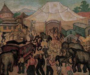 Peinture à l'huile Circus 1930 par Gyorgy Roman - Reproduction d'art 30x36 pouces
