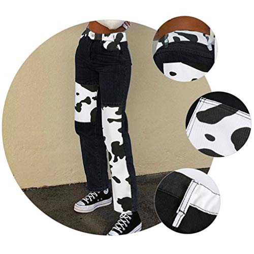 KESYOO Jeans Feminino Cow Jeans Patchwork Jeans Jeans de Cintura Alta Jeans Slim Calça Reta Patch Ca