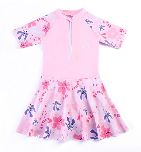 Image of Girls Swimsuit Girls One Piece Skirted Swimsuit Short Sleeve Floral Rash Guard Bathing Suit Swim Dress Swimwear