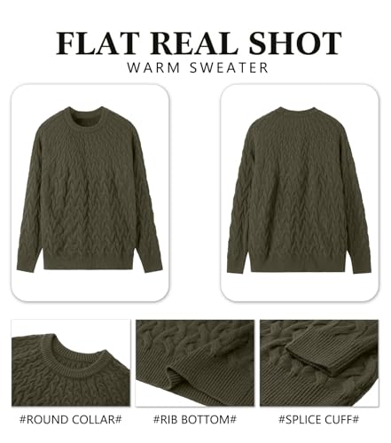 Askdeer Men's Cable Knit Pullover Sweater Long Sleeve Crewneck Sweater Casual Soft Knitted Sweater with Ribbing Edge Army Green