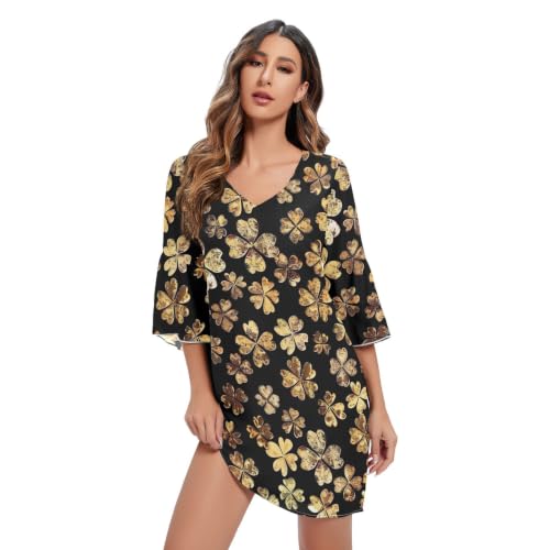 Robe en mousseline de soie à trèfle doré et manches 3/4 pour femme