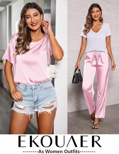 Image of Ekouaer Womens Satin Silky Pajama Set Short Sleeve Shirt with Long Pajama Pant Set Soft PJ Loungewear