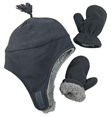 N'Ice Caps Boys Girls Toddler Baby Sherpa Lined Fleece Hat Mitten Warm Winter Set (charcoal grey, 2-3 Years)