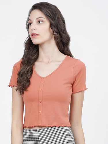 Image of Tokyo Talkies Women's Regular Fit Tshirts | Solid | Short Sleeves |V-Neck | Western Tshirts