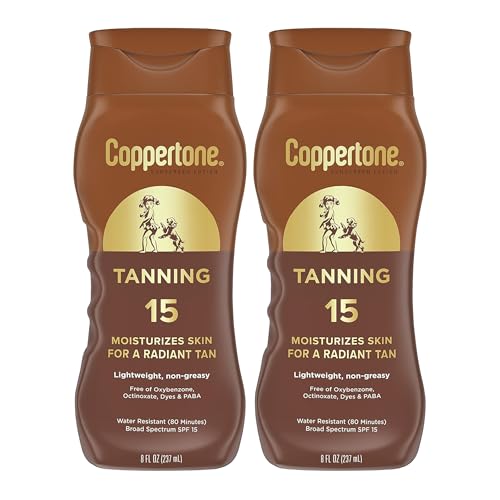 Image of Coppertone Tanning Sunscreen Lotion, SPF 15, Broad Spectrum, Water Resistant | Vitamin E Enriched | Free of Harmful Chemicals | 16 Fl Oz | Pack of 2 | Sun Tanning Lotion Broad Spectrum SPF 8 with Vitamin E, Water Resistant, PABA, Oxybenzone, Octinoxate and Dye Free