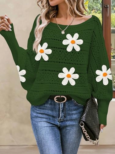 Image of Cakulo Womens Off Shoulder Sweater Top Fall Outfits Fashion 2025 Oversized Knit Batwing Long Sleeve Crochet Flower Sweaters