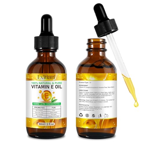 Olio di Vitamina E 75.000 UI, 60 ml Naturale Puro e Bio Olio Vitamina E, Skincare per Viso, Corpo, Cicatrici e Cuoio Capelluto, Antietà, Ridurre linee fine e cicatrici, Non OGM (120ml, 1 pezzo)