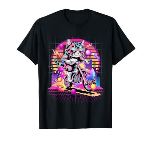 Bicicleta Synthwave Cat Riding Dirt Bike de los 80, Estilo Retro Vaporwave Camiseta