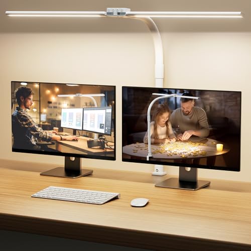 SIBRILLE LED Desk Lamp for Home Office - Dimmable Computer Desk Light with Clamp, Modern Architect Task Lamp with Color Changing, Flexible Desktop Lamp with Gooseneck for Monitor, Double Head, White