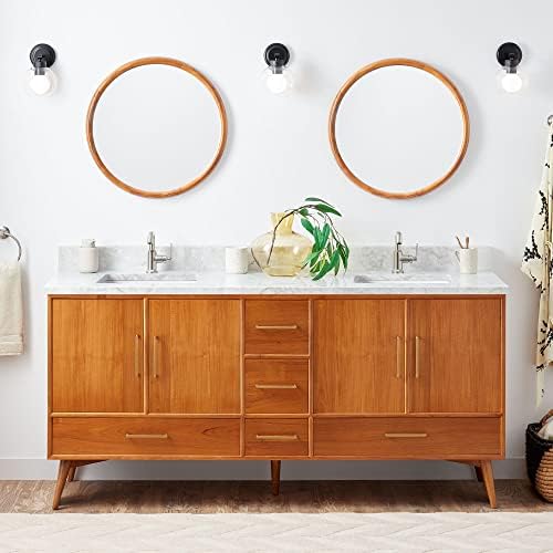 Signature Hardware 953363-72-RUMB-1 Novak 72" Freestanding Teak Double Basin Vanity Set with Cabinet, Vanity Top, and Rectangular Undermount Sinks - Single Faucet Holes - Teak/Carrara Marble