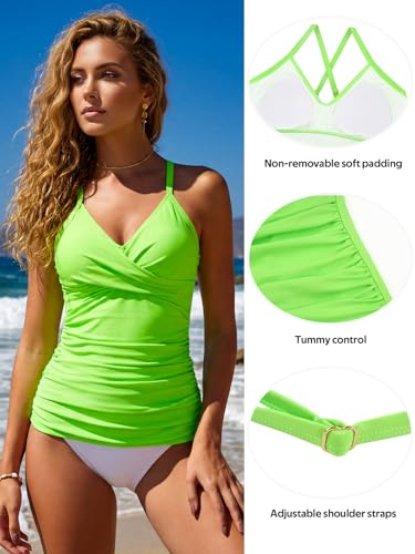 Image of RELELCIGA Women's Tankini Top V Neck Ruched Tummy Control Bathing Suit Top