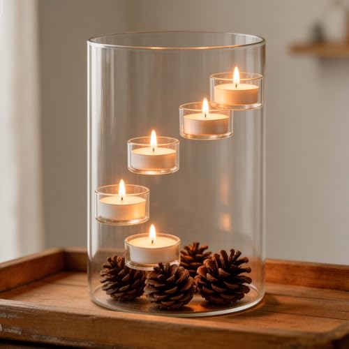 Image of Large Glass Candle Holder, 5-Tier Floating Tealight Candle Holder, Clear Cylinder Hurricane Candle Lantern, Decorative Table Centerpiece for Home Decor, Wedding, Dining Room, Living Room (Holds 5 Teal