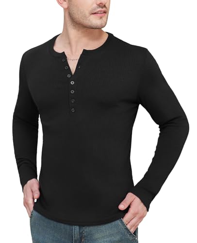 YTD Men's Henley Shirts Long Sleeve Casual Classic T-Shirts Button Henley Pullover Tee S Black